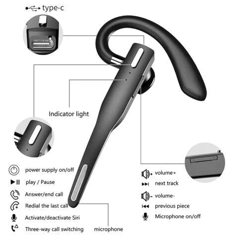 "Drahtloses Bluetooth 5.1 Headset in Schwarz mit Dual-Mikrofon und flexiblem Ohrbügel für kristallklare Kommunikation."