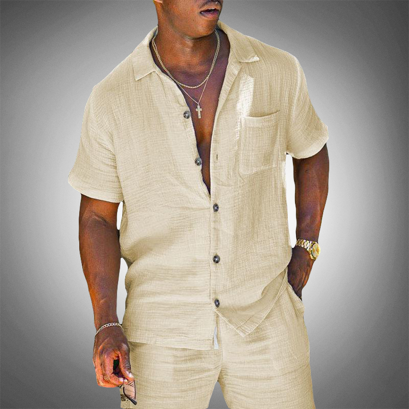 Casual men's linen blend short sleeve summer set, perfect for beachwear or relaxed resort outfits.