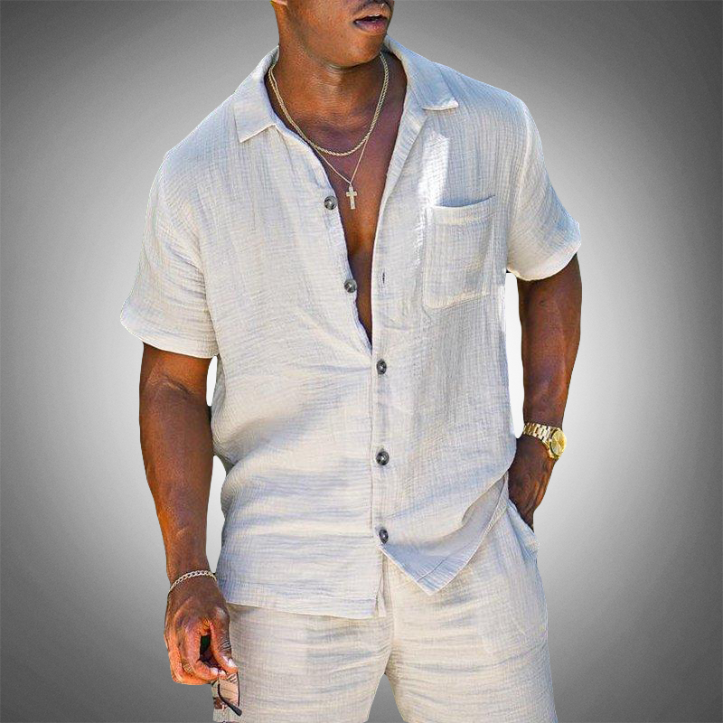 Men's lightweight linen blend short sleeve loungewear set for comfortable summer resort wear.