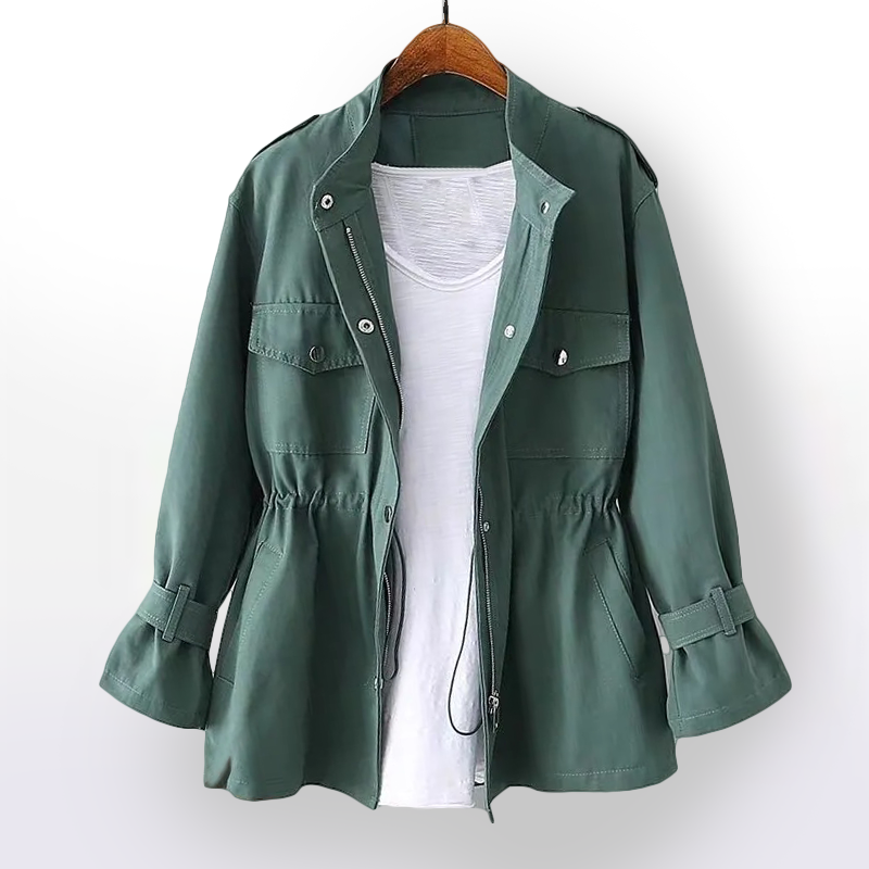 Modern women's rain coat, featuring a waterproof design & adjustable cinched waist for a sleek silhouette.