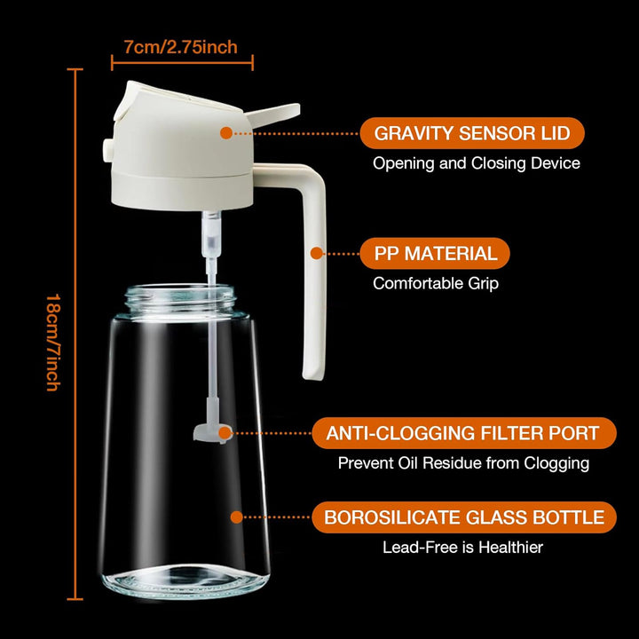 Compact dual oil sprayer & pourer glass bottle, a modern kitchen gadget for precise cooking.