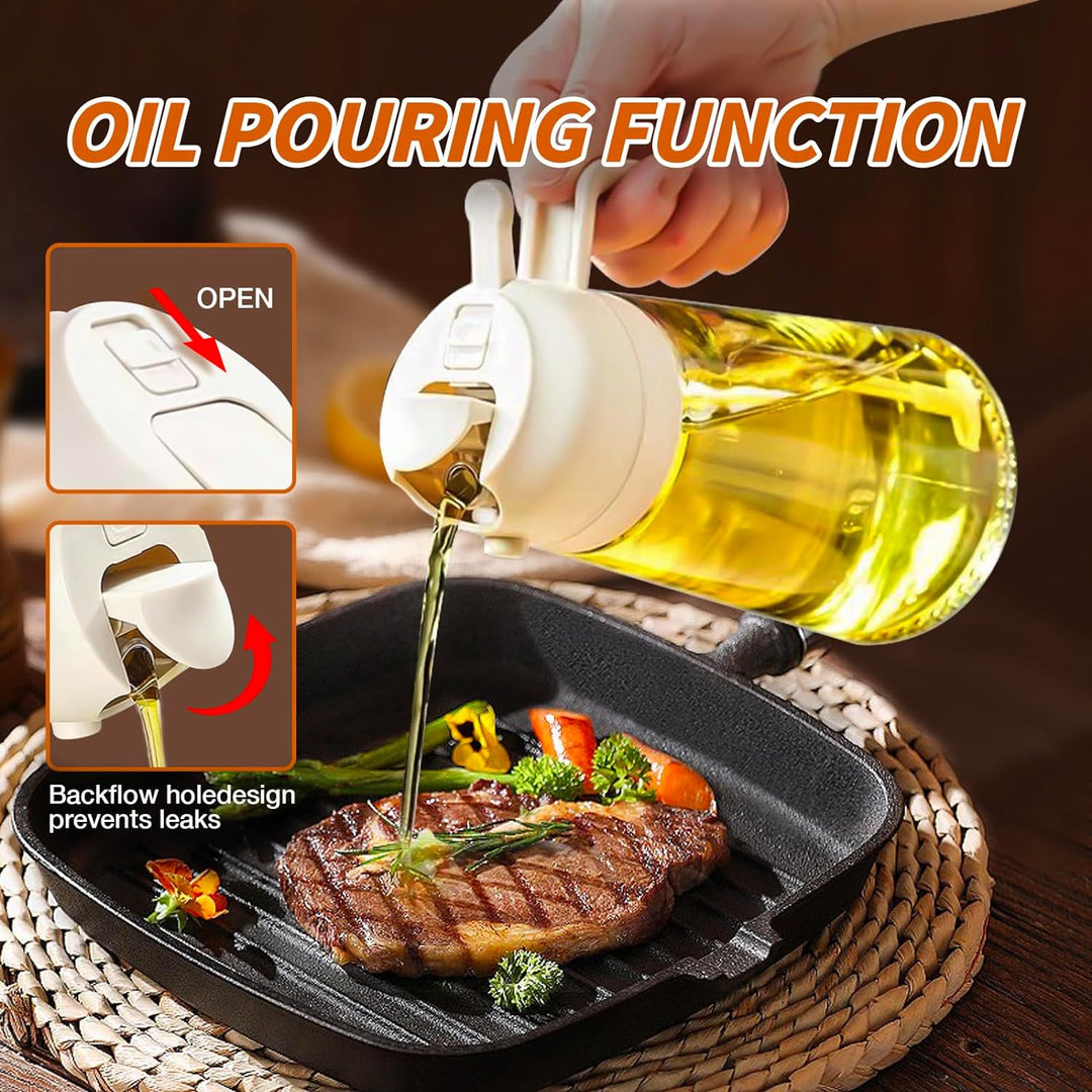 Efficient glass oil pourer & sprayer for easy food prep & healthy cooking in any kitchen.