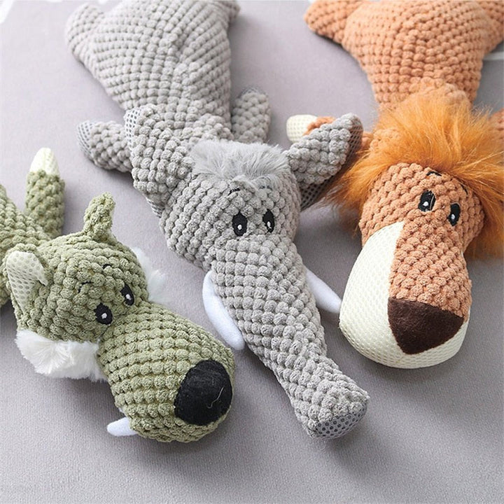 Tough, animal-shaped dog toy, non-toxic chew for dental health and pet play.