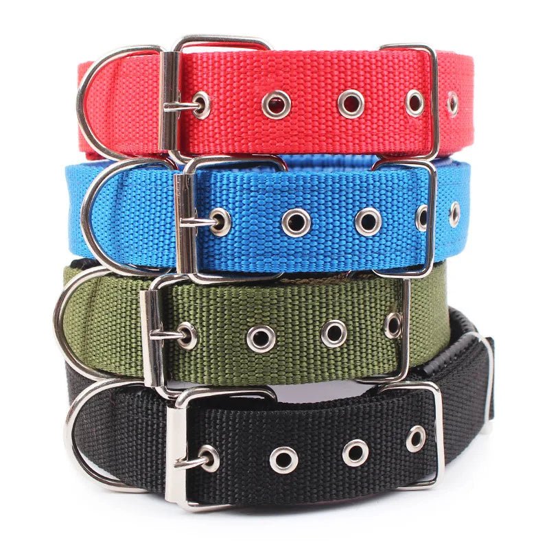 Unisex red nylon dog collar, durable and adjustable for pet walks and outdoor adventures.