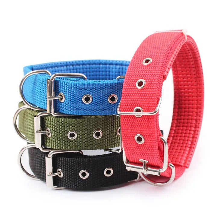 Green durable nylon dog collar with metal buckle, adjustable for comfort & perfect for active dogs.