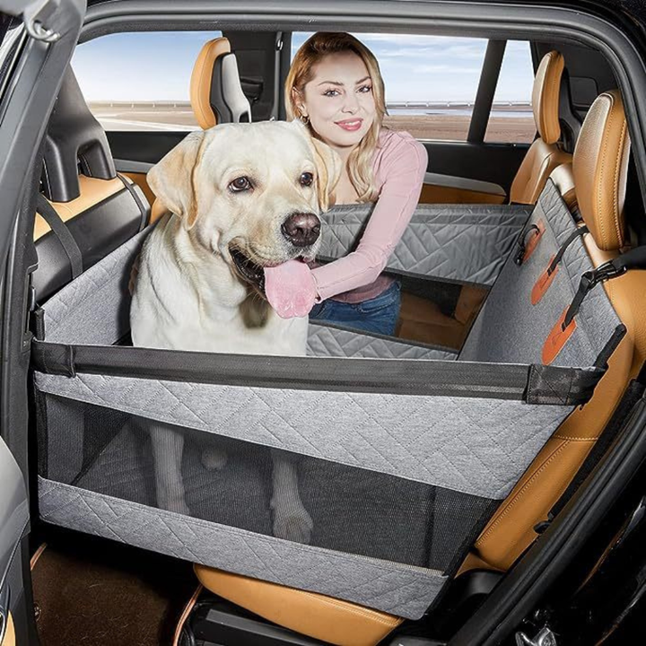 Durable black pet car seat safety mat for dogs, protection for vehicle interior during travel