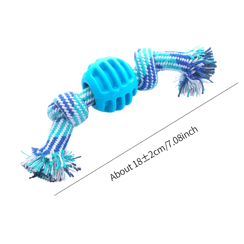 Dog actively playing with chew rope and teething ball, good for canine dental hygiene