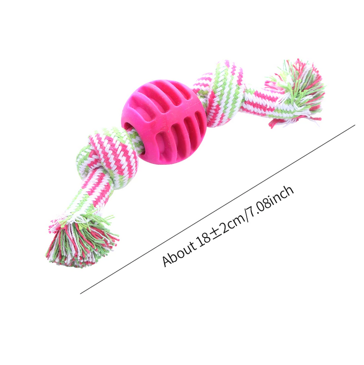 Pet dog toy: sturdy chew rope with a red textured ball, excellent for dog teething