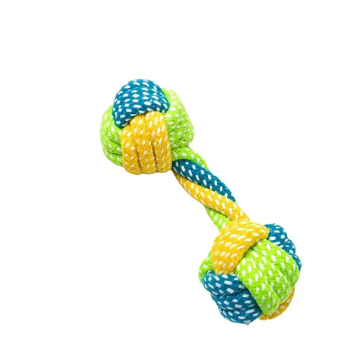 Braided cotton rope dog chew toy with multiple knots, designed for tough chewers & pet dental hygiene.