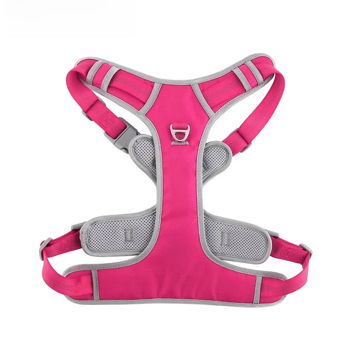 High-visibility dog harness with soft padding, promoting safety and comfortable outdoor gear