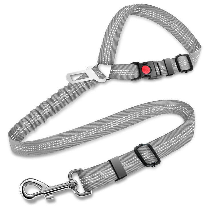 Multiple angles of pet car safety seatbelt with bungee buffer, adjustable & durable design