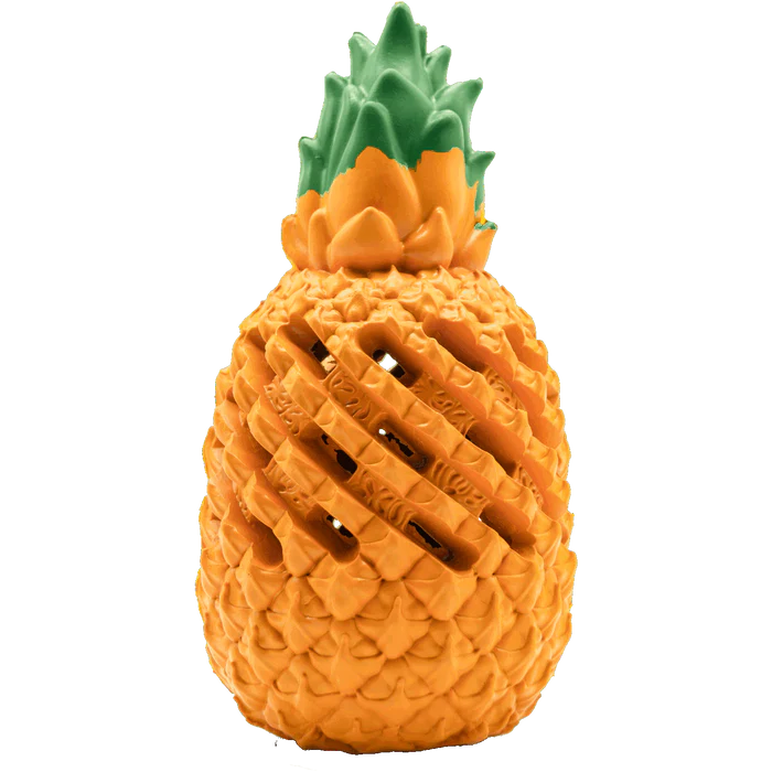 Durable pineapple dog chew toy for aggressive chewers, natural rubber treat dispenser for dental care