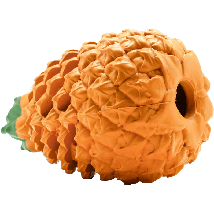 Close-up of pineapple dog treat dispenser toy, made from tough natural rubber for extended play