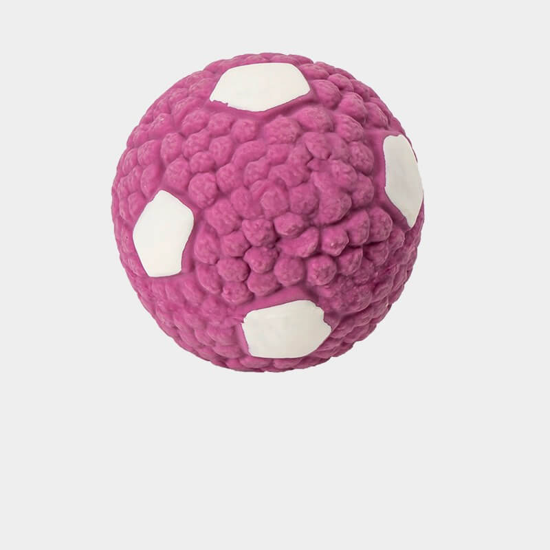 Green durable latex dog toy ball with squeaker, ideal chew resistant pet supply for fetch.