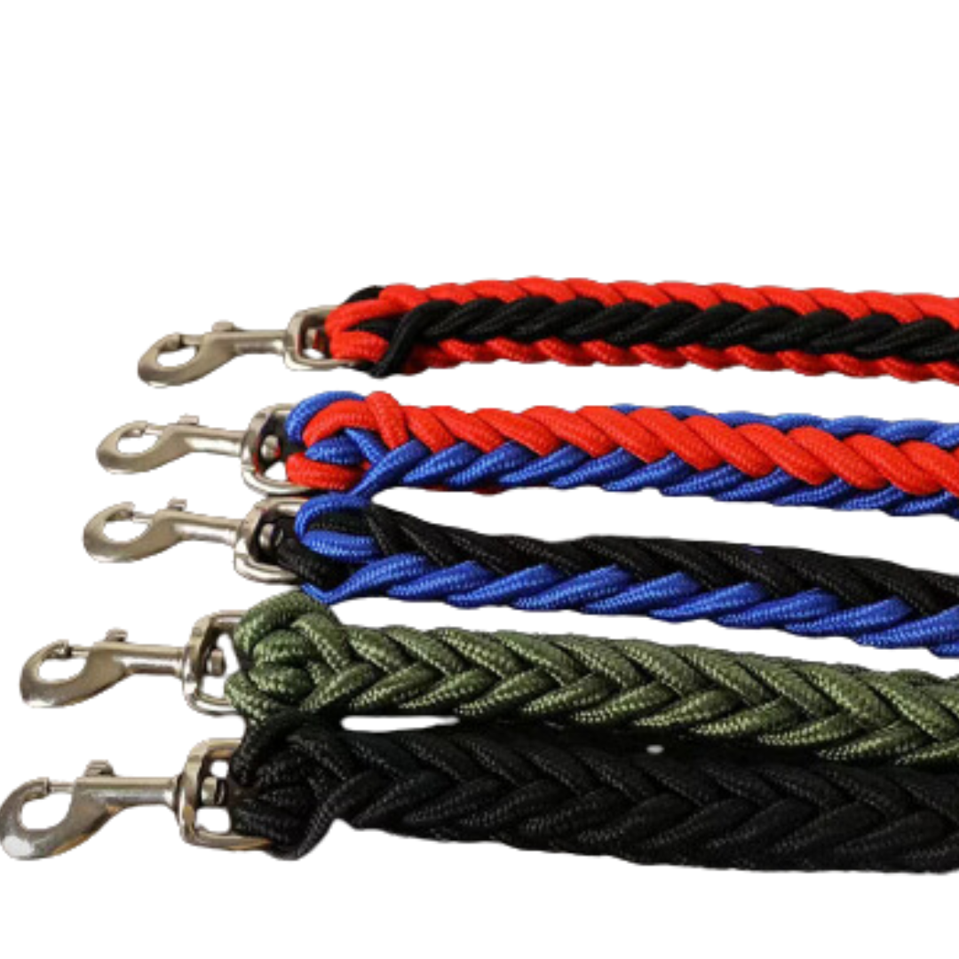 Reflective stitching detail on a black nylon dog leash, enhanced safety for large dogs.