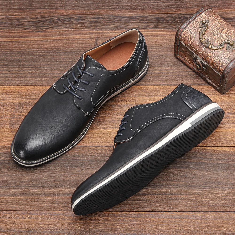 Side view of men's elegant black leather Derby dress shoes, showcasing classic design and professional style.