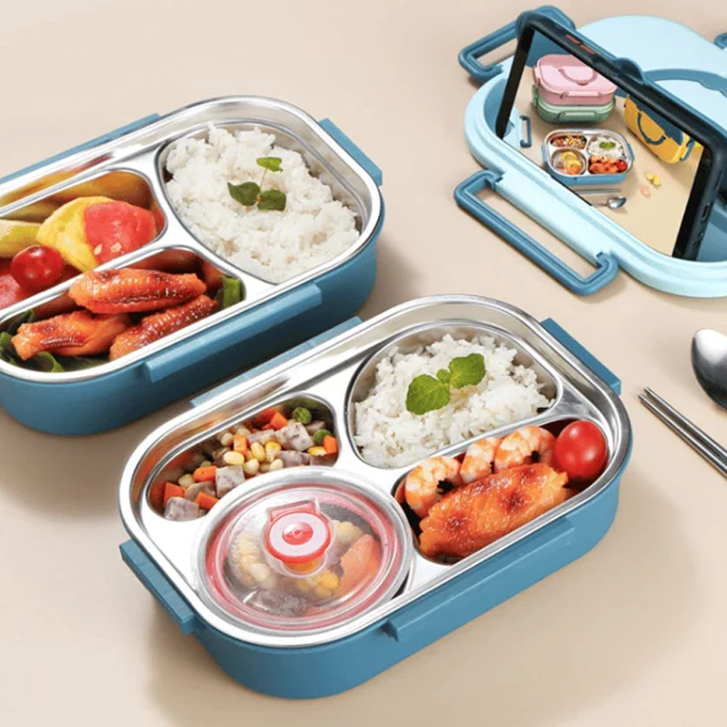 "Edelstahl Thermo-Lunchbox mit 3/4 Fächern, langlebig, stilvoll, unterteiltes Design, frische Speisen unterwegs"