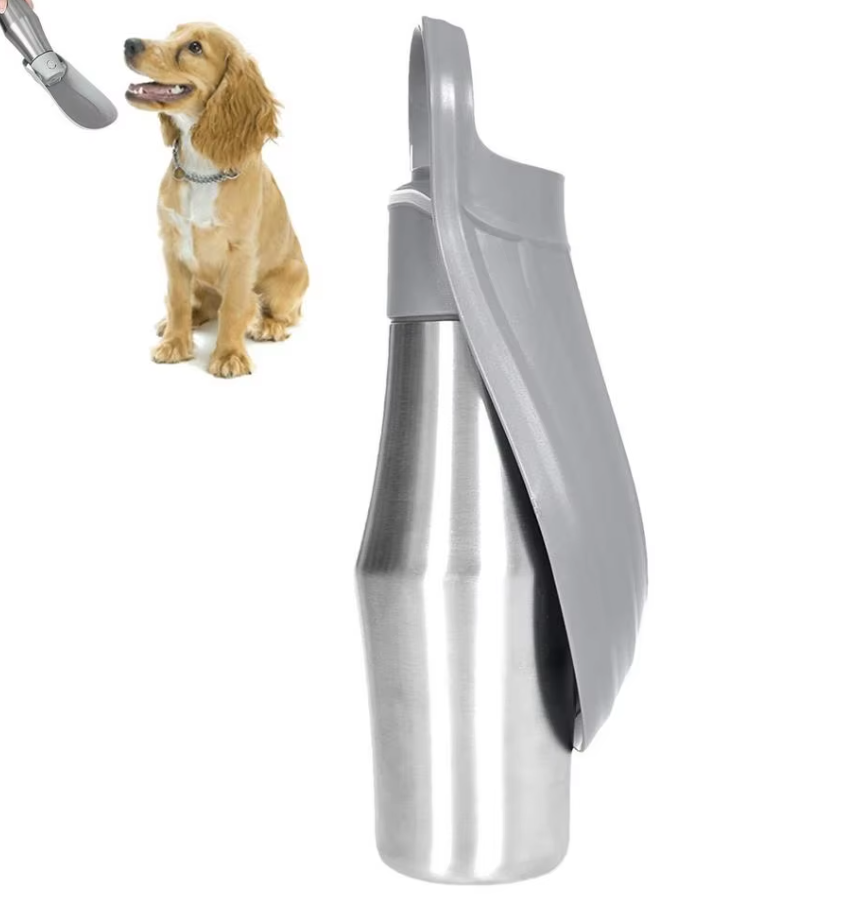 Edelstahl-Trinkflasche für Hunde mit integriertem faltbarem Napf, ideal für unterwegs, hygienisch und praktisch.