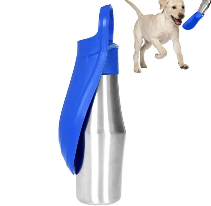 Edelstahl-Trinkflasche für Hunde mit integriertem faltbarem Napf, ideal für unterwegs, hygienisch und praktisch.