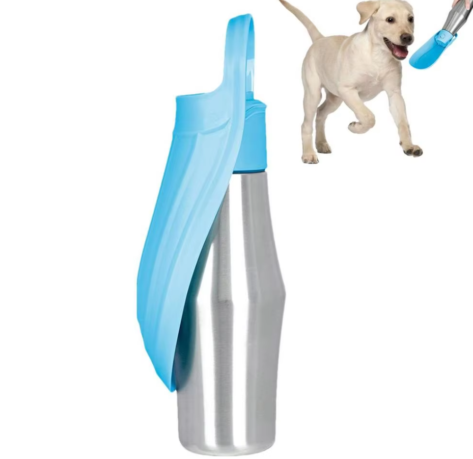 Edelstahl-Trinkflasche für Hunde mit integriertem faltbarem Napf, ideal für unterwegs, hygienisch und praktisch.