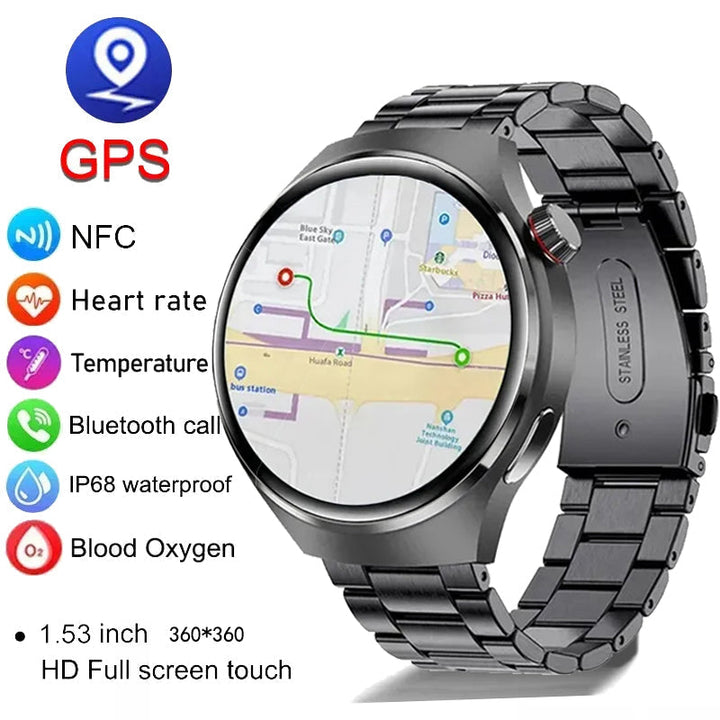"Edle GT4 Pro Smartwatch für Herren, rundes AMOLED Display, schwarz mit IP68-Schutz, ideal für stilbewusste Technikliebhaber.