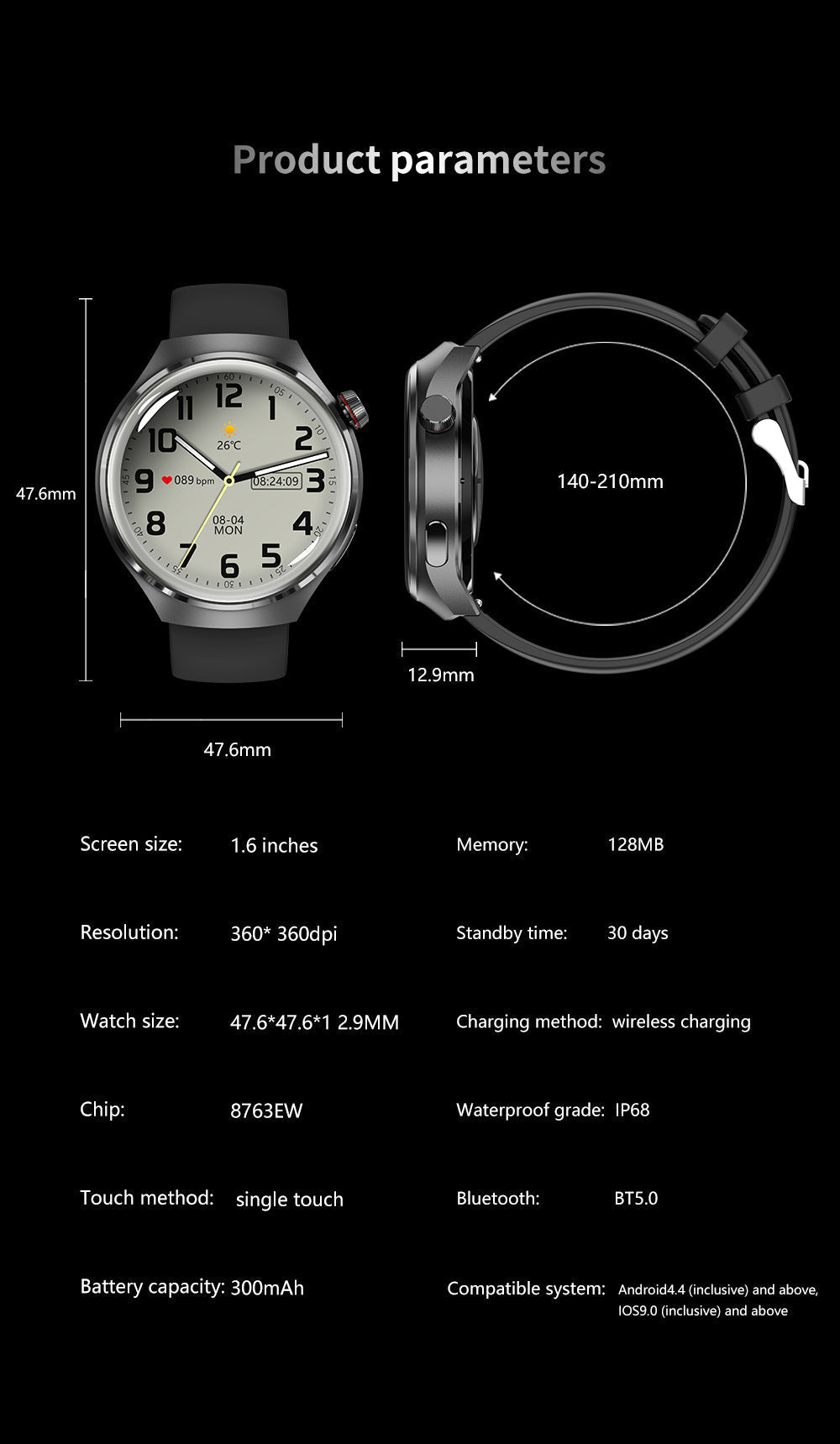"Edle GT4 Pro Smartwatch für Herren, rundes AMOLED Display, schwarz mit IP68-Schutz, ideal für stilbewusste Technikliebhaber.