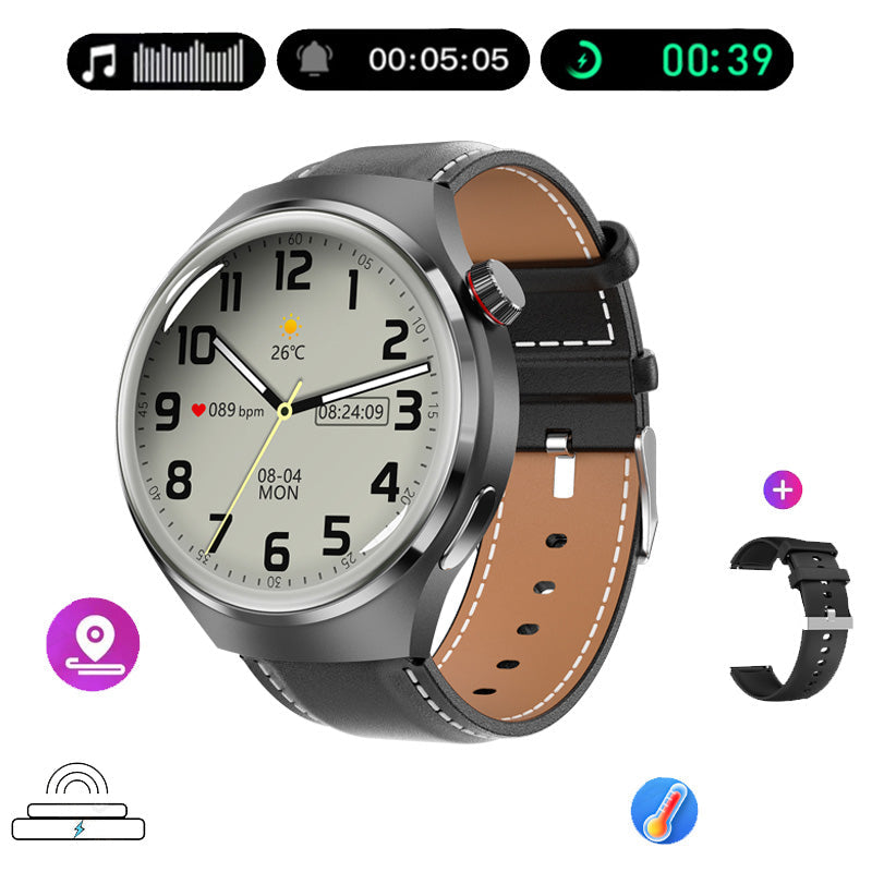 "Edle GT4 Pro Smartwatch für Herren, rundes AMOLED Display, schwarz mit IP68-Schutz, ideal für stilbewusste Technikliebhaber.