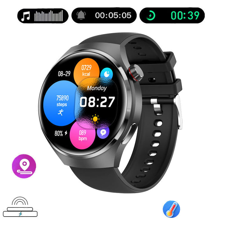 "Edle GT4 Pro Smartwatch für Herren, rundes AMOLED Display, schwarz mit IP68-Schutz, ideal für stilbewusste Technikliebhaber.
