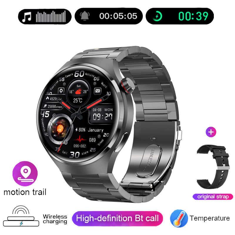 "Edle GT4 Pro Smartwatch für Herren, rundes AMOLED Display, schwarz mit IP68-Schutz, ideal für stilbewusste Technikliebhaber.