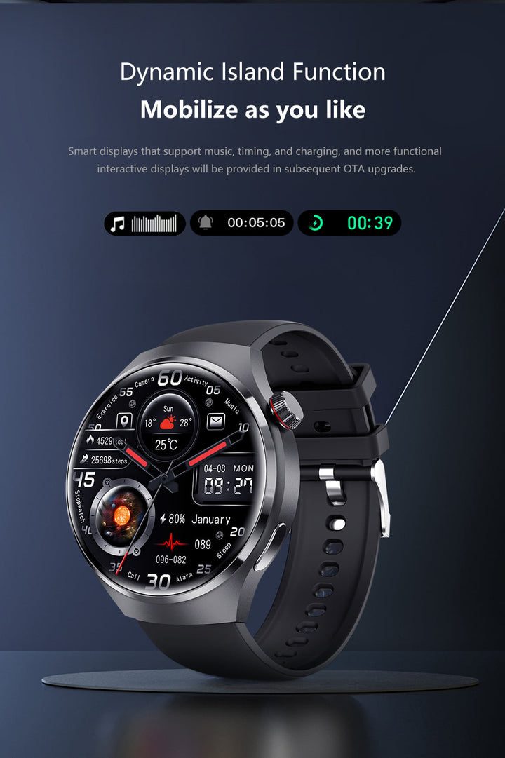 "Edle GT4 Pro Smartwatch für Herren, rundes AMOLED Display, schwarz mit IP68-Schutz, ideal für stilbewusste Technikliebhaber.