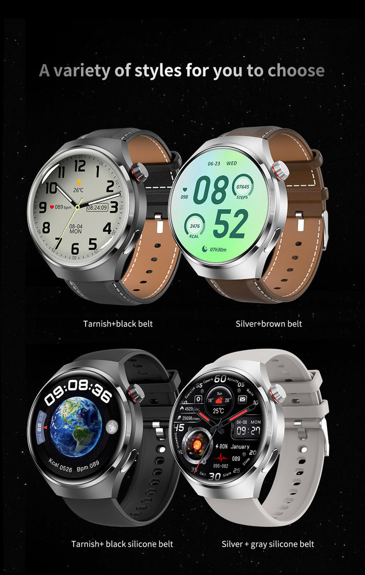 "Edle GT4 Pro Smartwatch für Herren, rundes AMOLED Display, schwarz mit IP68-Schutz, ideal für stilbewusste Technikliebhaber.