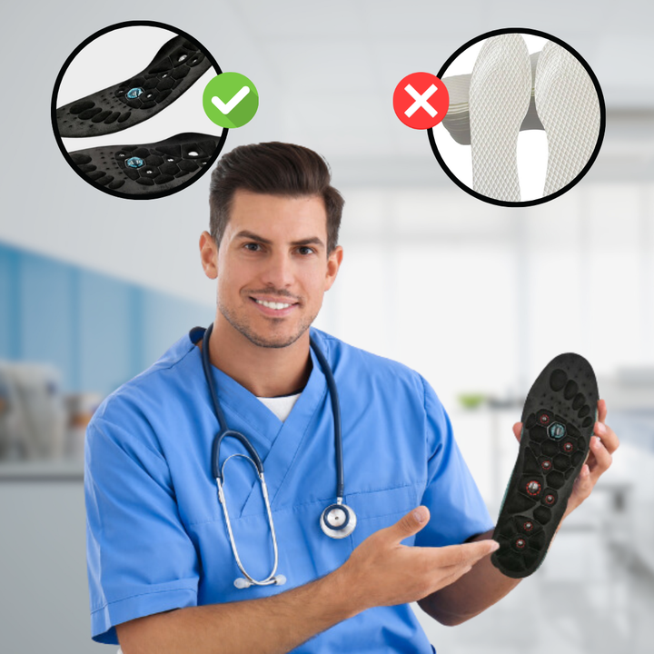 "Effektive Akupressur Orthosole Einlegesohlen in Frauenschuhen, bieten Komfort, Unterstützung und ermüdungsfreie Füße."