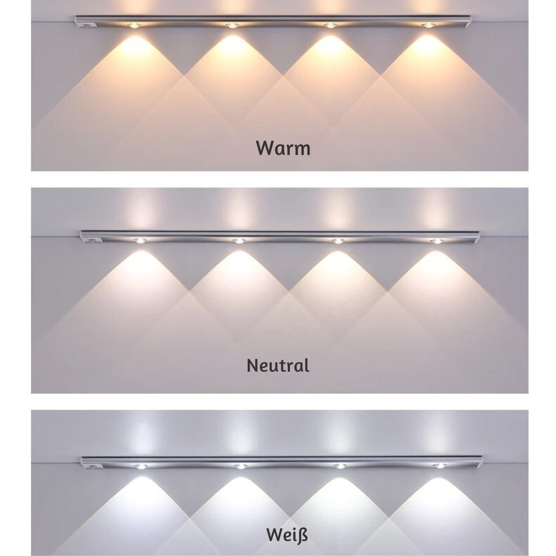 Effiziente Unterbauleuchte mit Bewegungssensor, dimmbar, in schlankem Design, ideal für Küchen, Wohnzimmer, und Garagen.