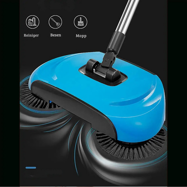 "Effizienter 2-in-1 Staubsauger Besen, blau und rot, ergonomisch, multifunktional, Besen und Wischer in einem, stromlos."