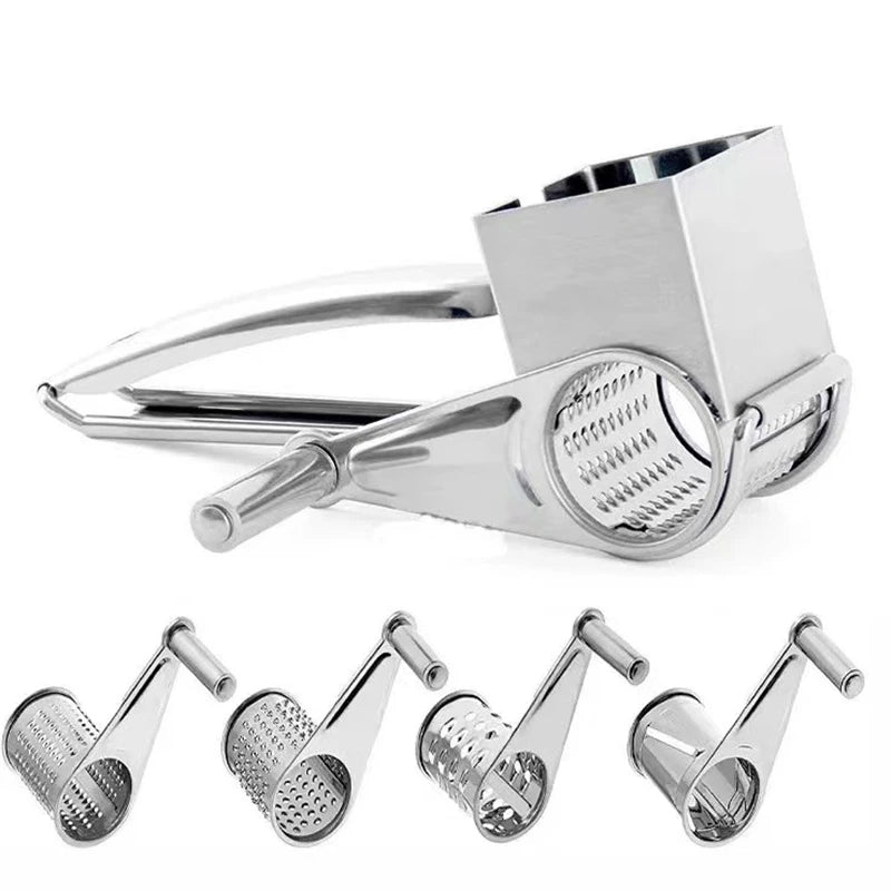Rotary grater with all its components displayed: body, handle, and two different shredding drums.