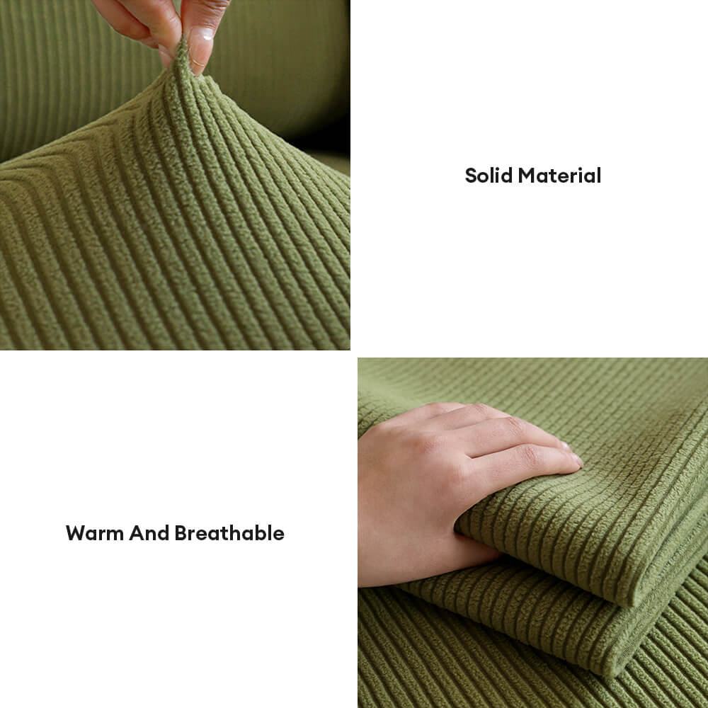 "Elastischer Sofabezug aus kratzfestem Cord mit eleganten vertikalen Streifen, passt zu modernen Wohnzimmern."