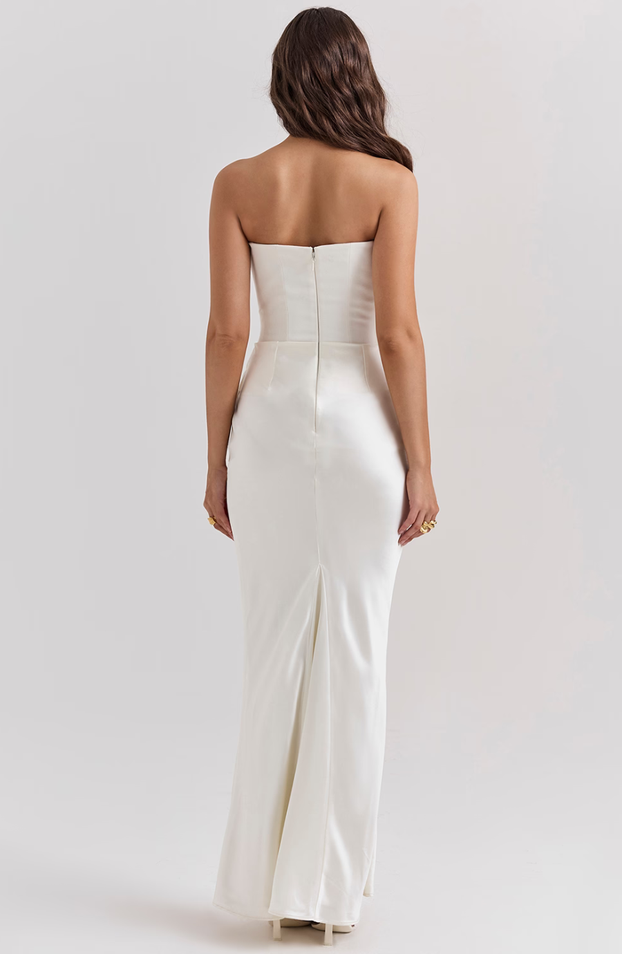 Long black strapless formal party dress with a beautiful and supportive corset bodice.