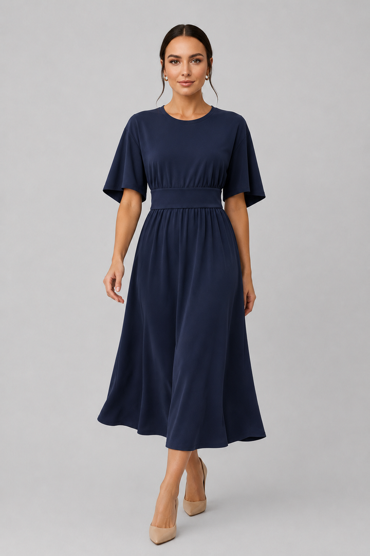 Elegant blue midi dress for women, wide sleeves & waist belt.