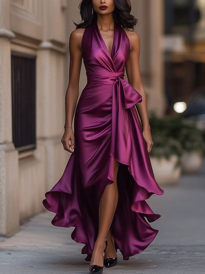 Elegant women's wrap maxi dress, deep V-neck & high slit, ideal for evening glamour.