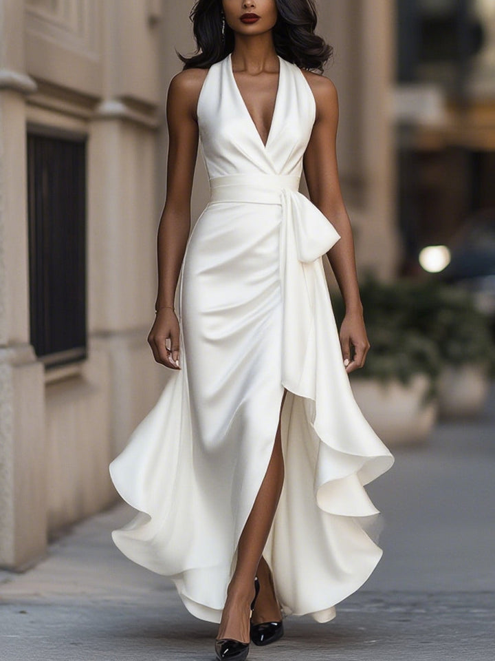 Beautiful wedding guest wrap maxi dress for women, V-neck, long, elegant, formal wear.