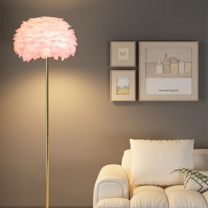 Luxurious Feather & Crystal floor lamp with a sturdy base, ideal for modern home living spaces.