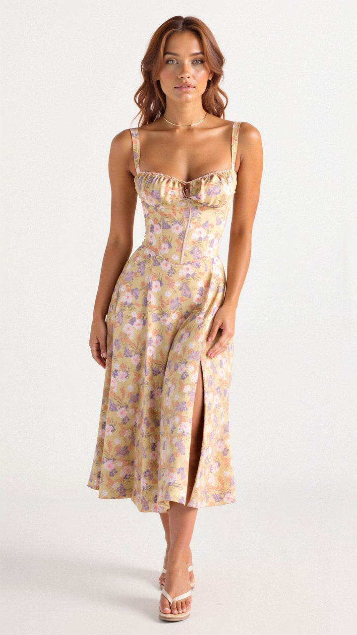 Elegant floral corset midi dress with a flattering side slit, perfect for formal summer events & parties.