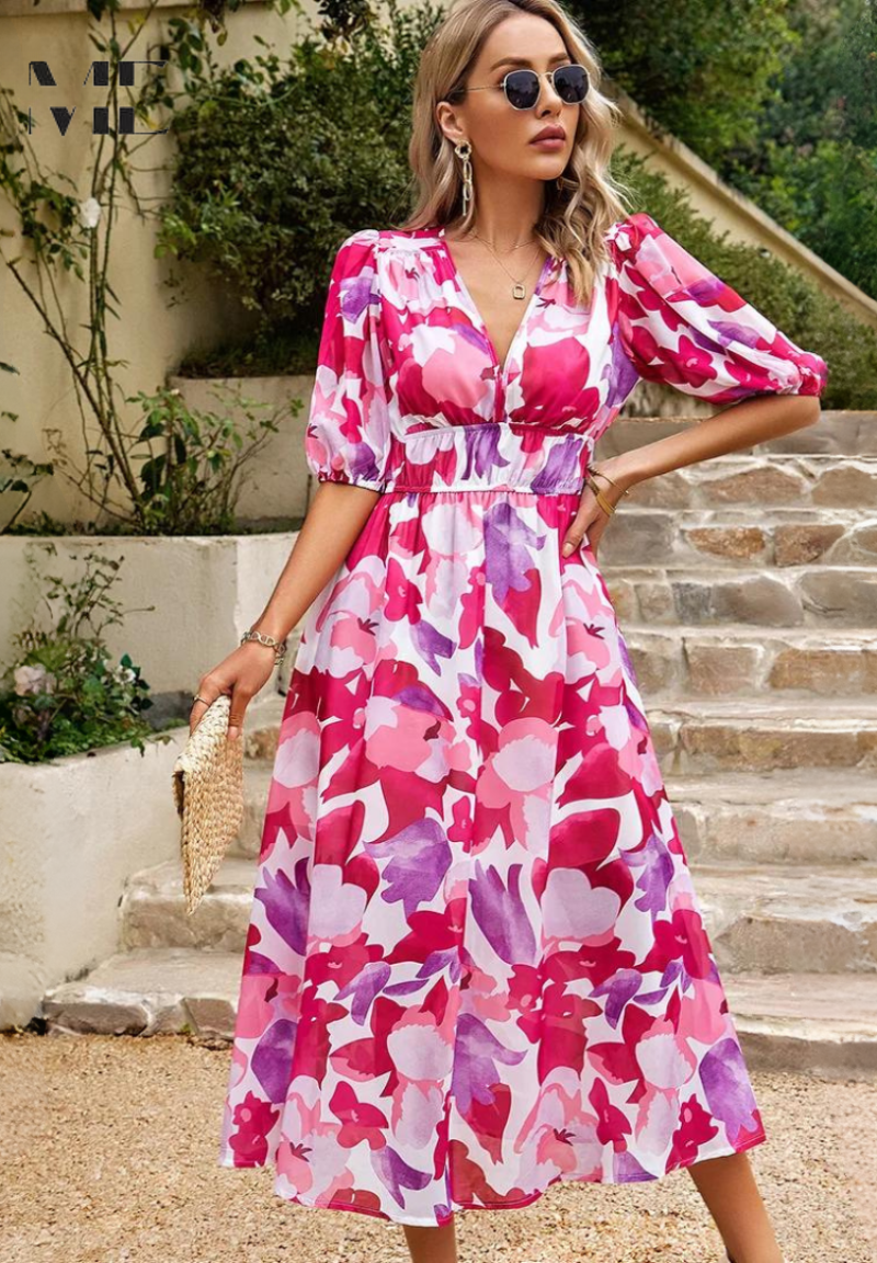 Stylish spring floral midi dress with puff sleeves, V-neck, and an elegant A-line cut for women.