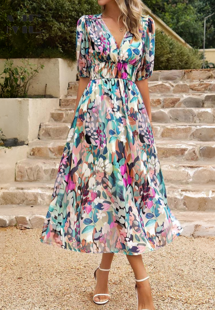 Feminine floral print puff sleeve midi dress, a versatile elegant V-neck design for spring.