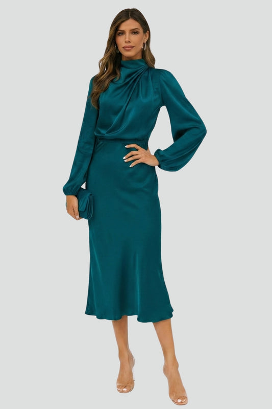Classic black high neck long sleeve midi dress for women. Sophisticated formal wear, ideal for elegant occasions.