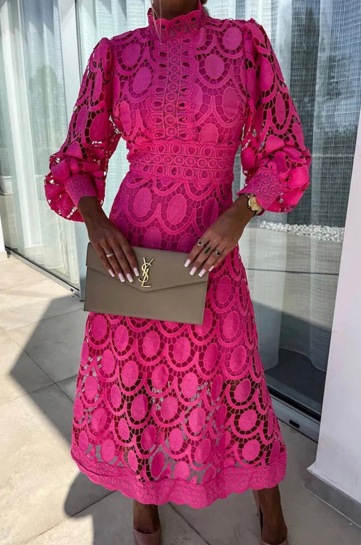 Elegant high-neck midi wedding guest dress with long sleeves, perfect for formal occasions & parties.