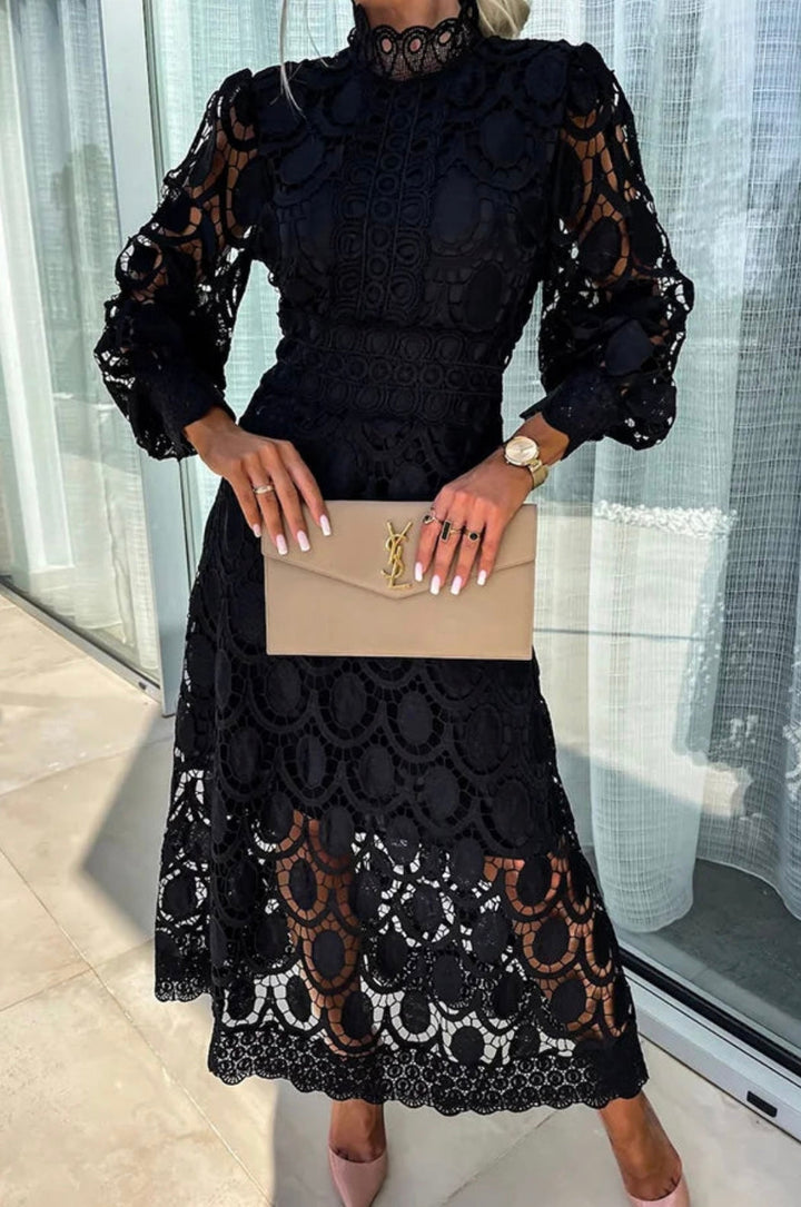 Formal long-sleeve high-neck midi dress for women, an elegant choice for wedding guests & special occasions.