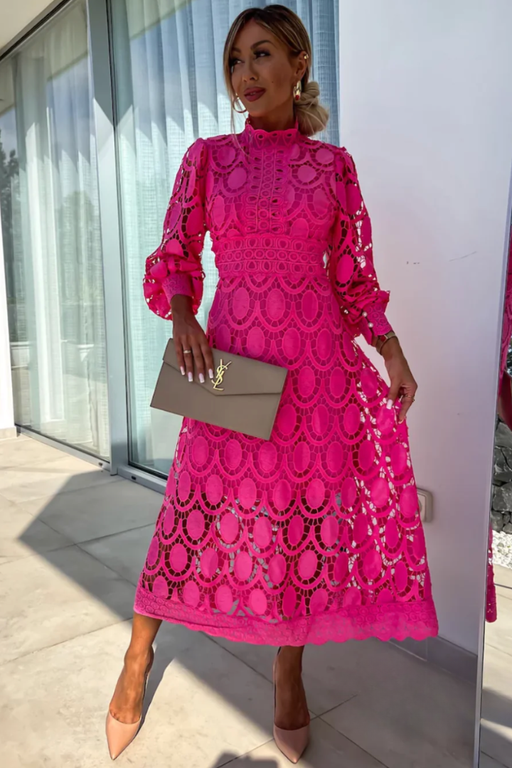 Chic A-line high-neck midi dress, perfect as an elegant wedding guest dress or formal party dress for women.