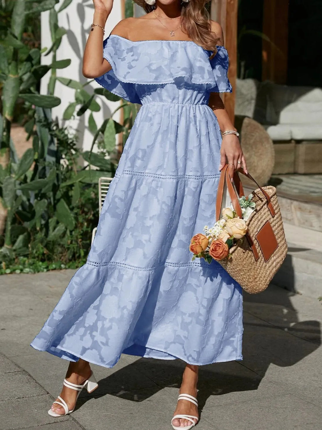 Women's formal off-shoulder maxi dress with tiered ruffles & elegant lace trim.