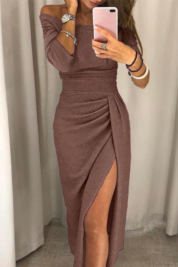 Elegant off-shoulder split evening dress for women, perfect for formal events, parties & special occasions.